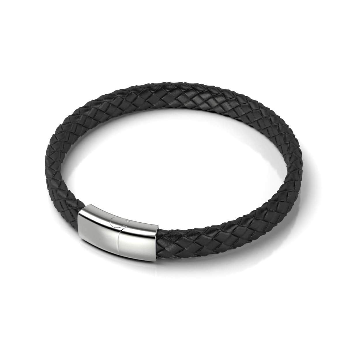 Silver | Black Leather Engravable Bracelet | Thin