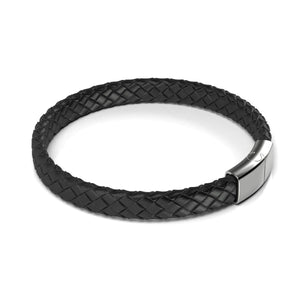 Silver | Black Leather Engravable Bracelet | Thin