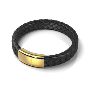 18k Gold | Black Leather Engravable Bracelet | Deluxe