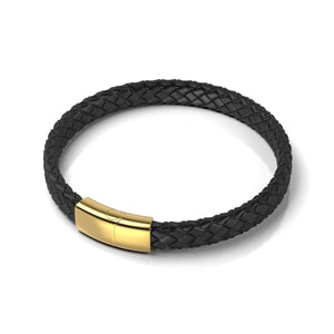 18k Gold | Black Leather Engravable Bracelet | Thin